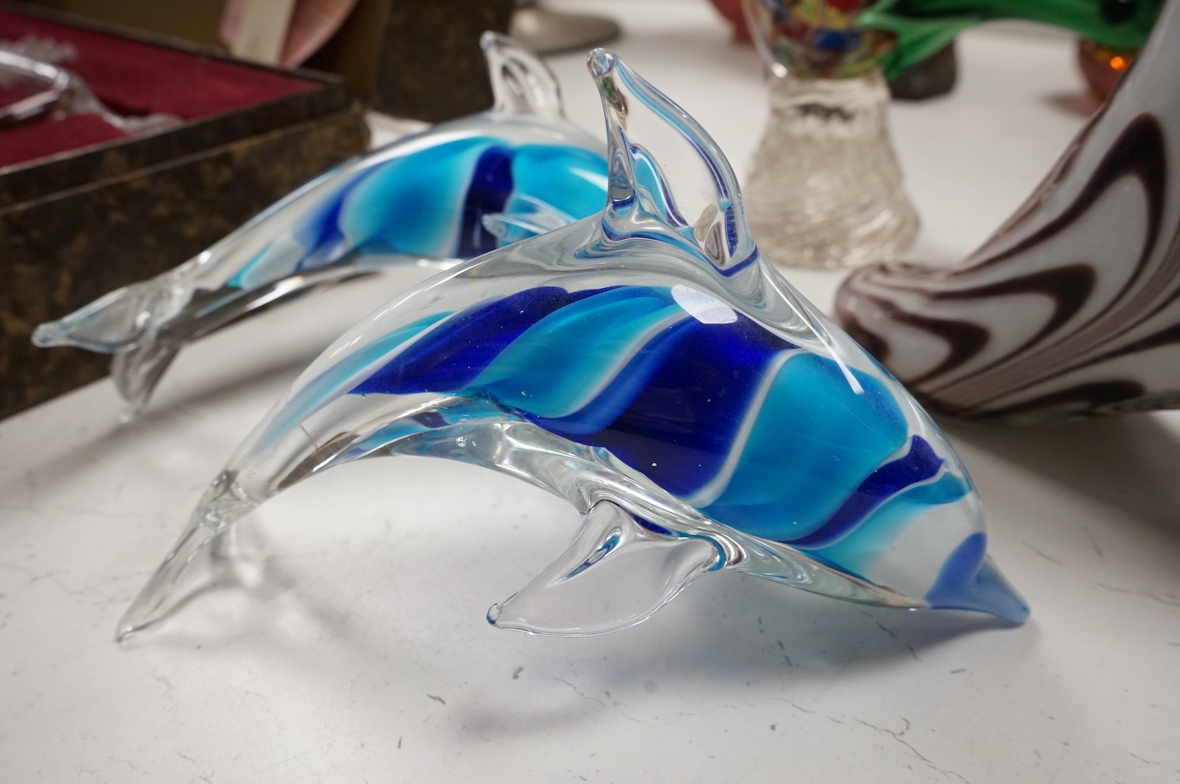 Art glassware comprising a Murano glass cockerel, a large ladies boot and a pair of dolphins, largest 48cm high